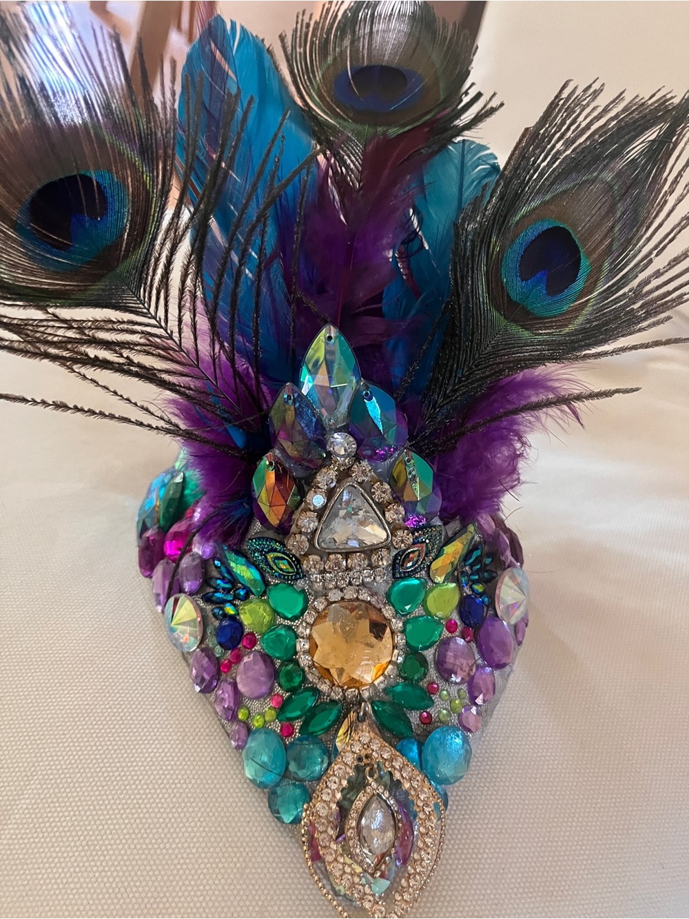 Embellished Peacock Feather Carnival head piece - Purple & Multicolor